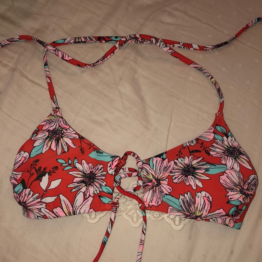 red flowered bikini top